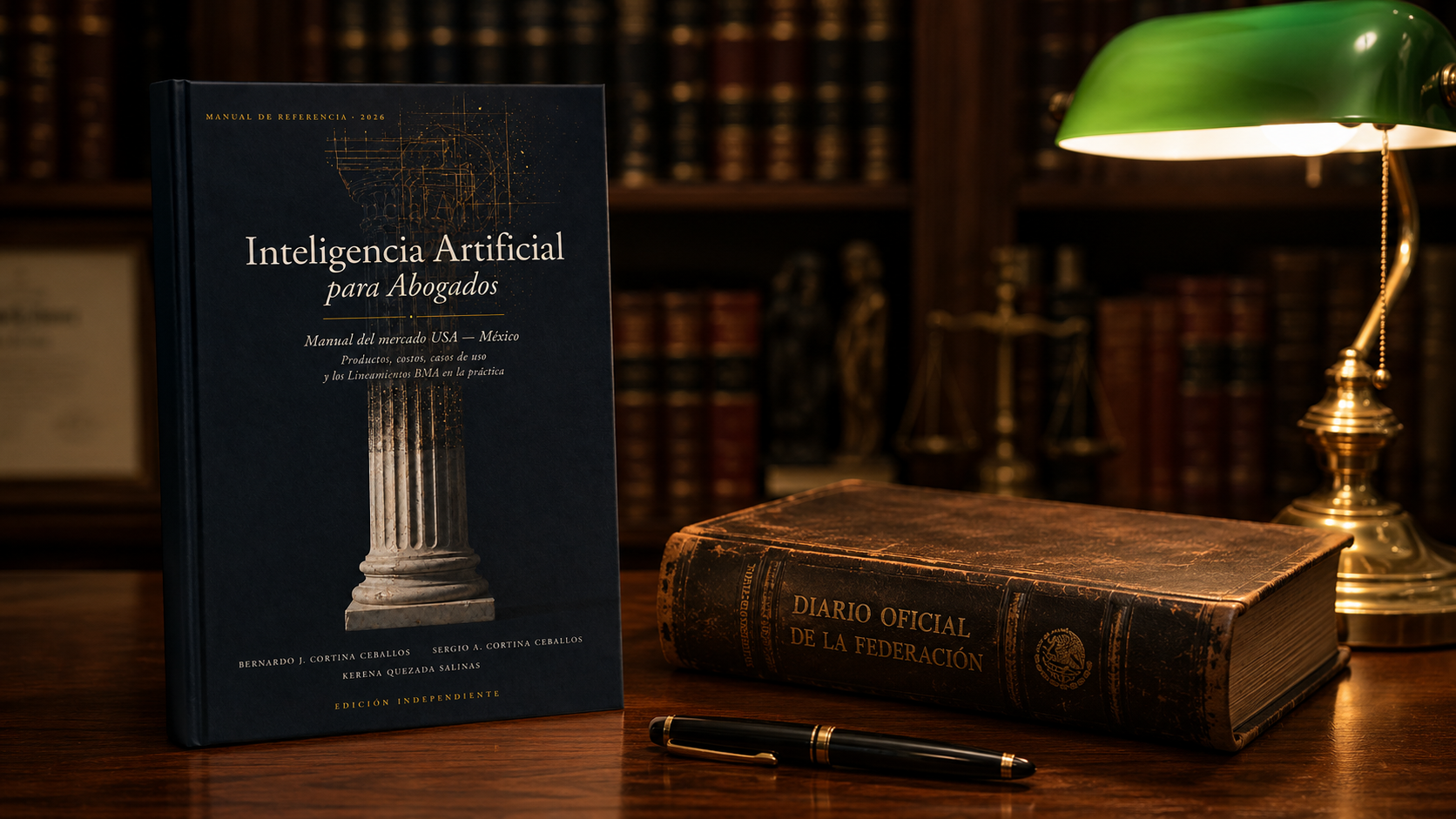 Inteligencia Artificial para Abogados sobre escritorio profesional, junto a un Diario Oficial de la Federación antiguo y lámpara verde de banca